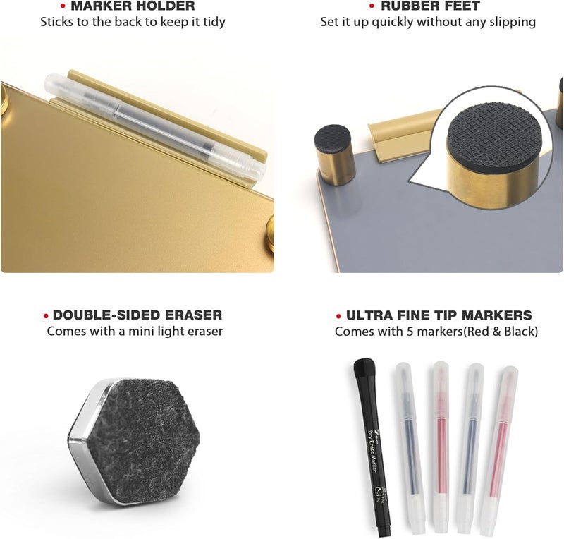 TOWON Gold Metallic Glossy Mirror Small White Board with Nail Support, Mini Desktop Glass Whiteboard, Desk White Board Dry Erase with Accessories, Stenography Artifact for Office Homeschooling Décor, 8x6'' - Image 5